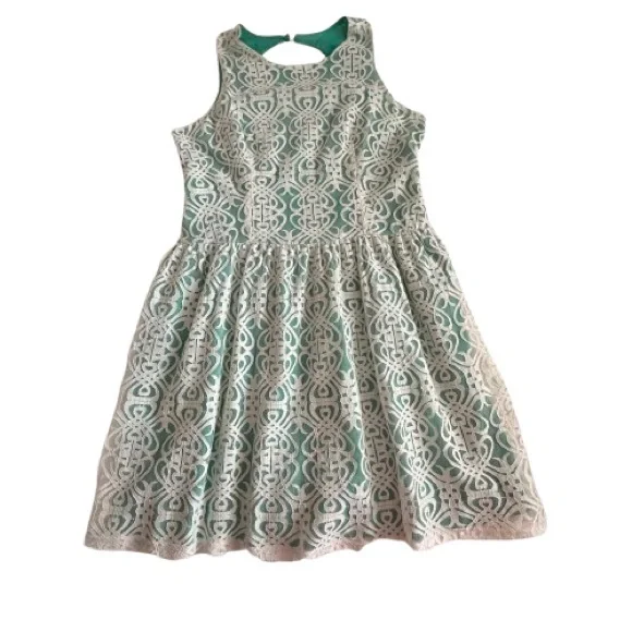 Pinky Women L Green Off White Lace Overlay Sleeveless Mini/Midi Round Neck Dress - Picture 5 of 16